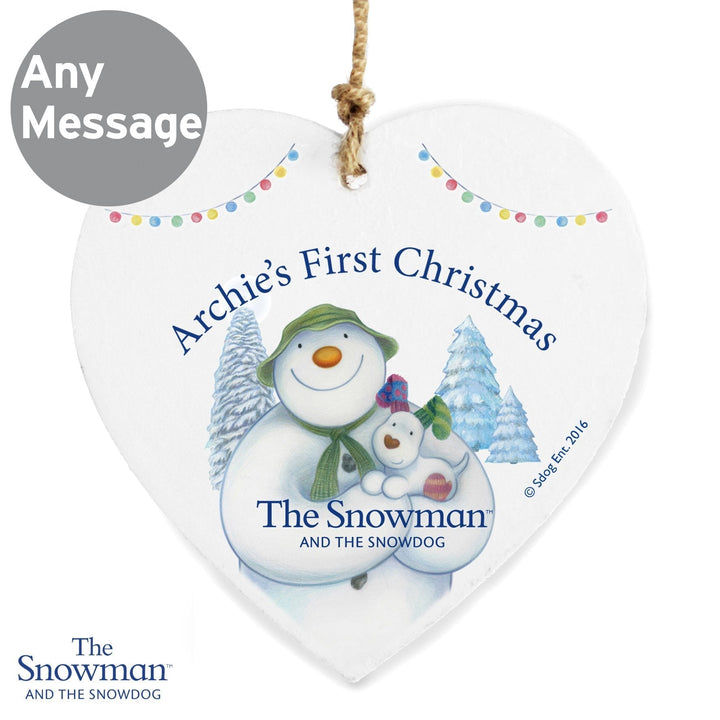 Personalised The Snowman and the Snowdog Wooden Heart Decoration