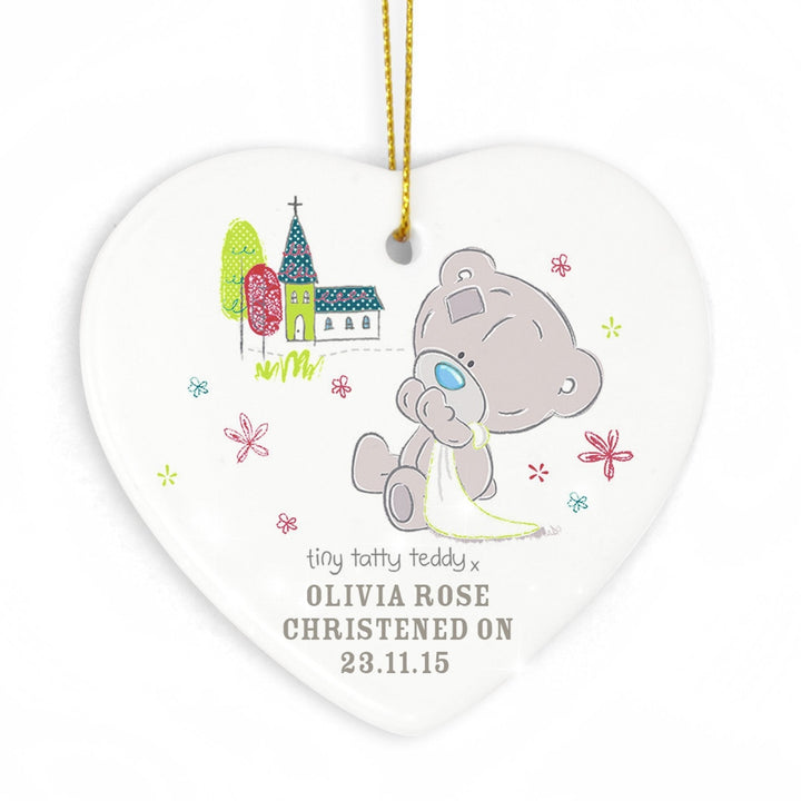 Personalised Tiny Tatty Teddy Christening Ceramic Heart Decoration