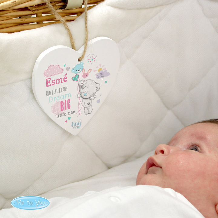 Personalised Tiny Tatty Teddy Dream Big Pink Wooden Heart Decoration