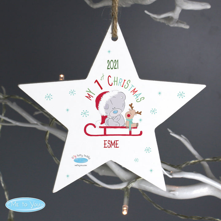 Personalised Tiny Tatty Teddy My 1st Christmas Sleigh Wooden Star Decoration