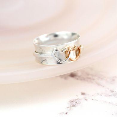 Personalised Twin Hearts Spinning Ring - Stirling Silver