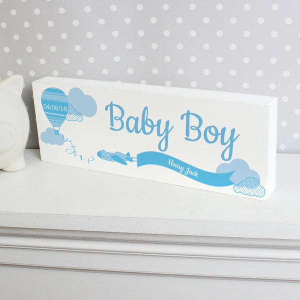 Personalised Up & Away Baby Boy Wooden Block Sign