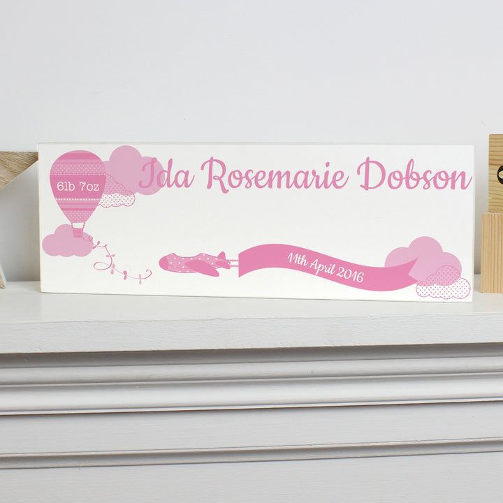 Personalised Up & Away Baby Girl Wooden Block Sign