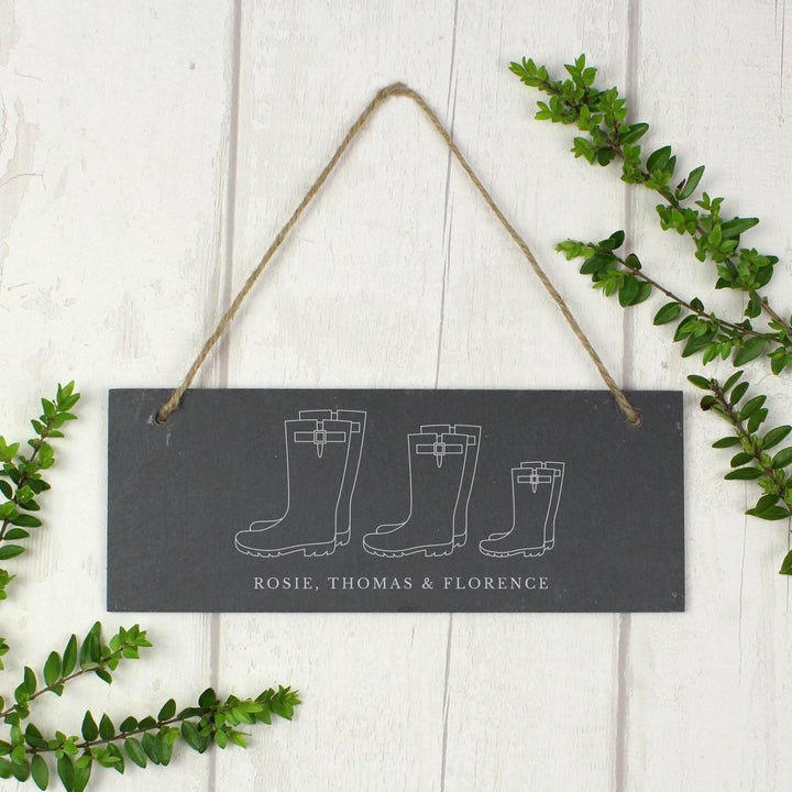Personalised Welly Boot Family of Three Hanging Slate Plaque