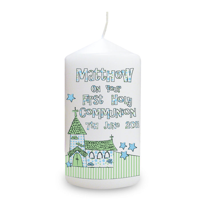 Personalised Whimsical Church Blue 1st Holy Communion Pillar Candle