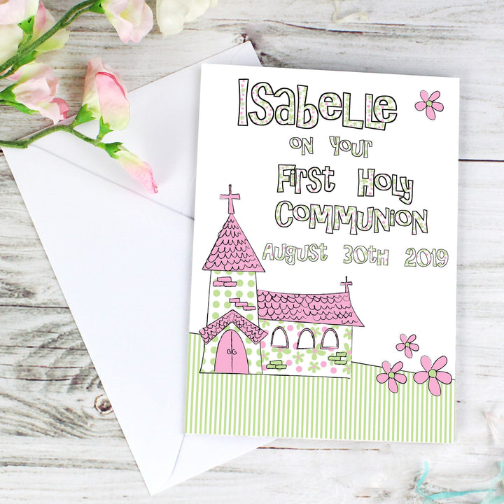 Personalised Whimsical Church Pink 1st Holy Communion Card