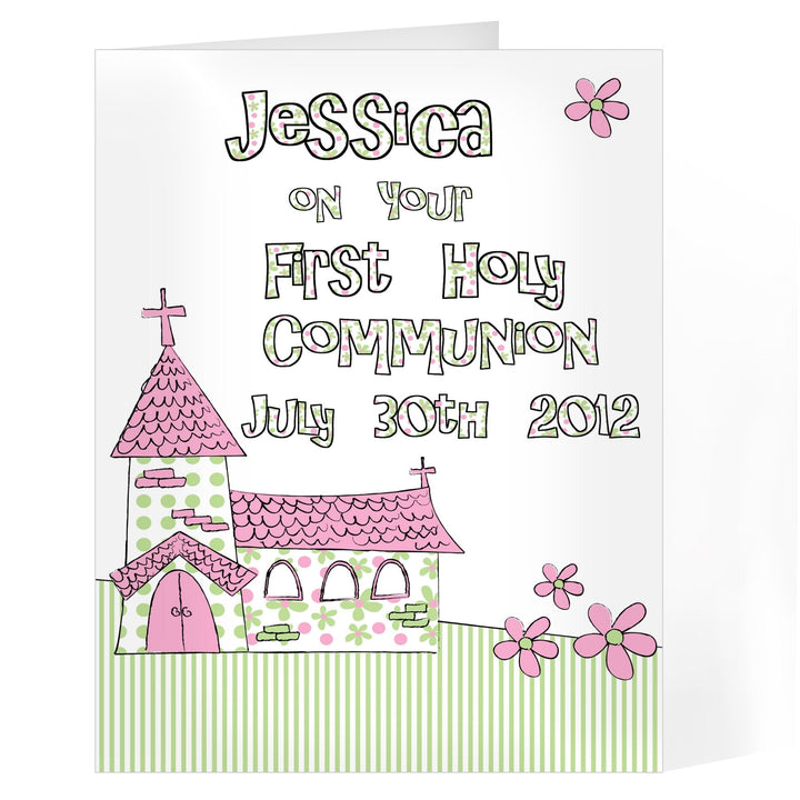 Personalised Whimsical Church Pink 1st Holy Communion Card