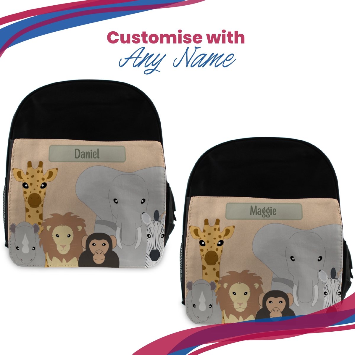 Printed Kids Black Backpack with Safari Animals Design, Customise with ...