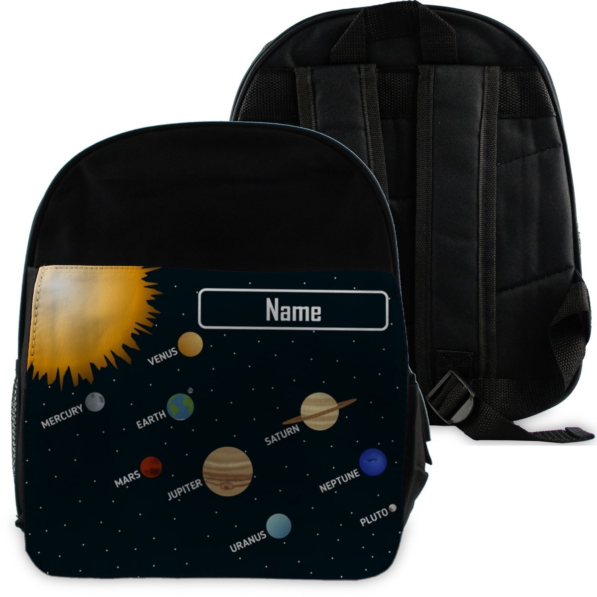 Printed Kids Black Backpack with Solar System Design, Customise with ...