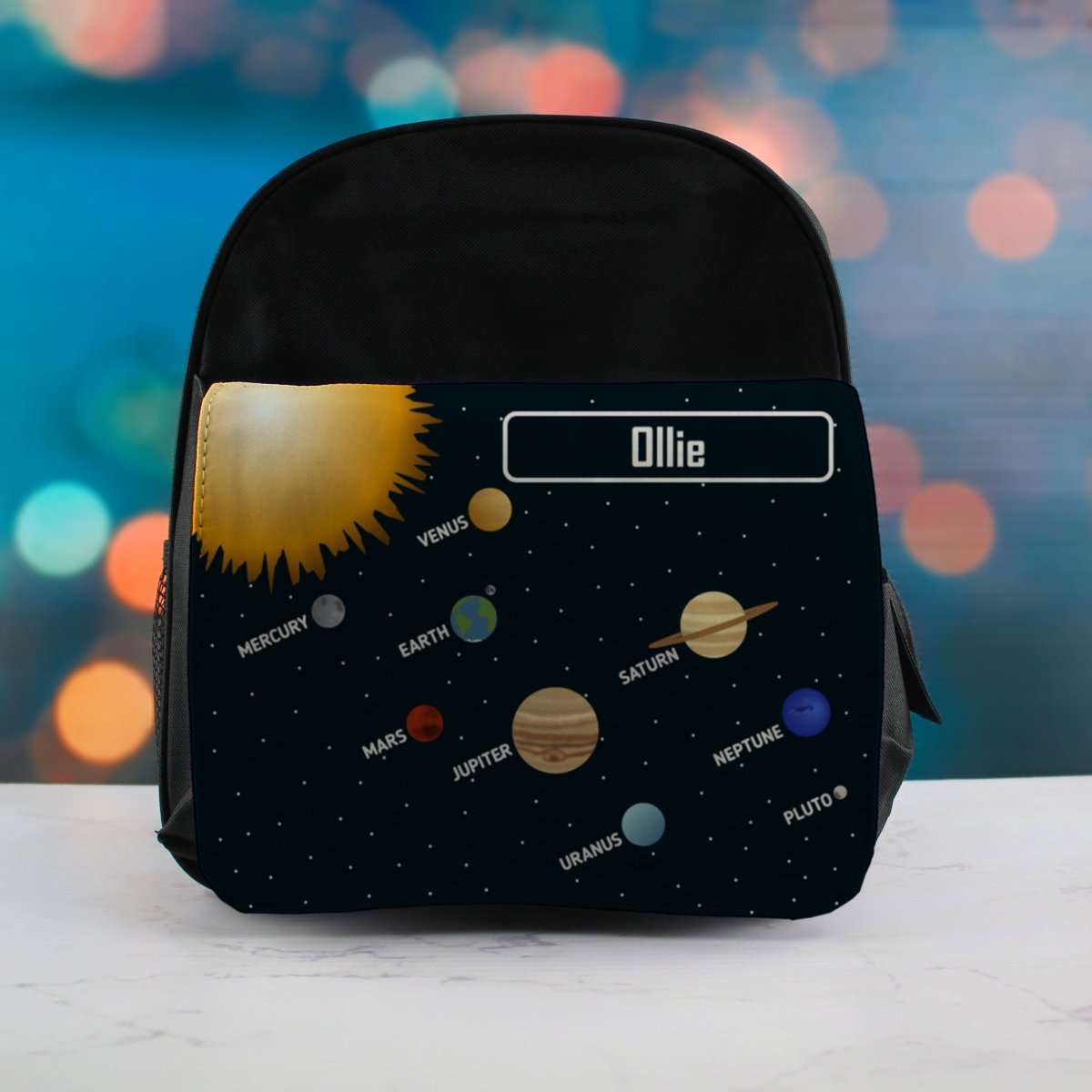 Printed Kids Black Backpack with Solar System Design, Customise with ...