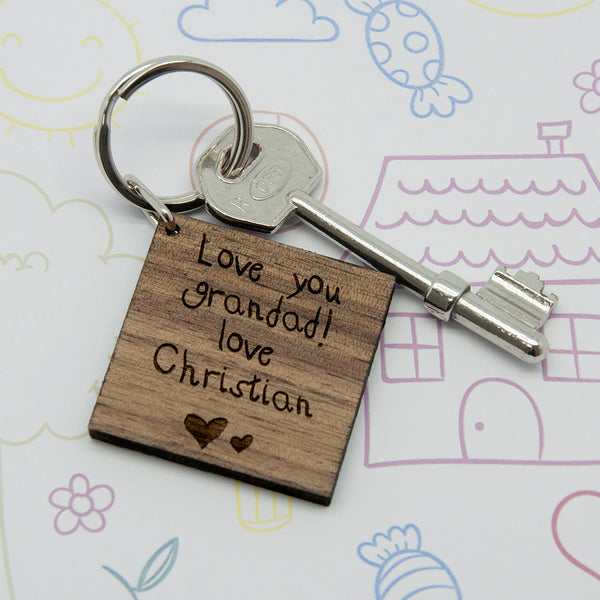 Square Wooden Keyring - Kids Hand-writing