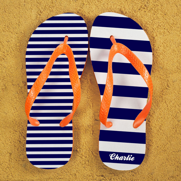 Striped Personalised Flip Flops in Blue and Orange