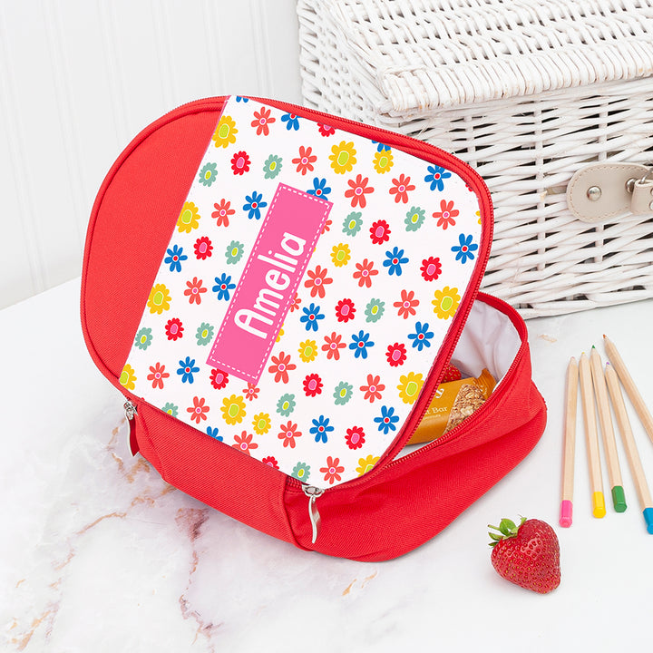 Personalised Girl's Red Patterned Lunch Bag