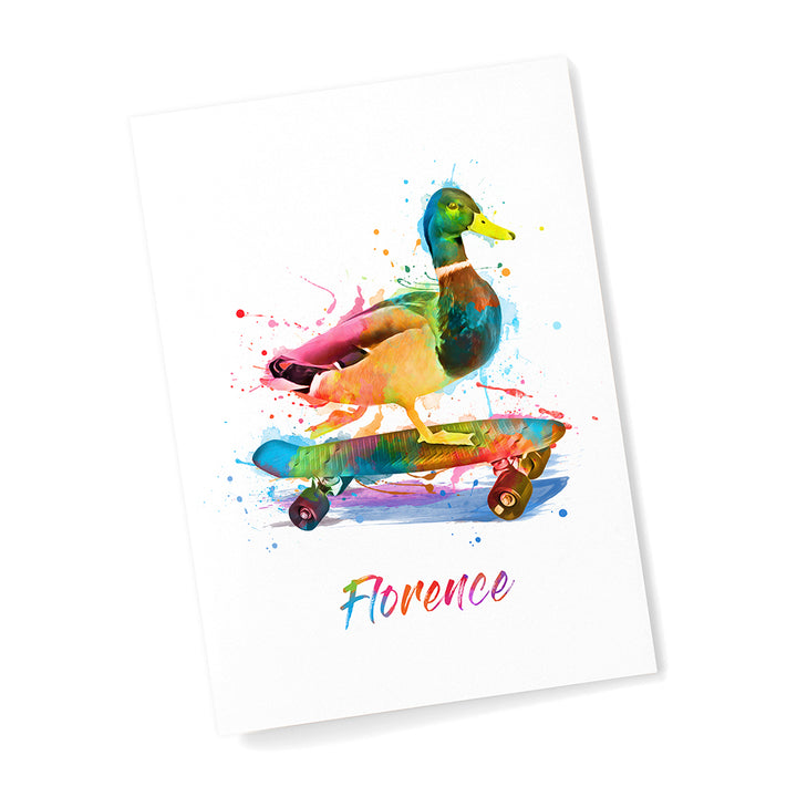 Personalised Watercolour Duck Skateboarding Print