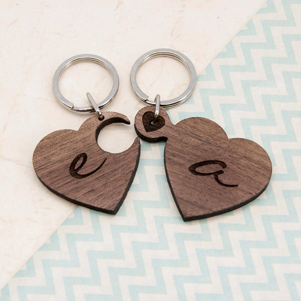 2 Heart Jigsaw Wooden Key Ring - Couple Initials