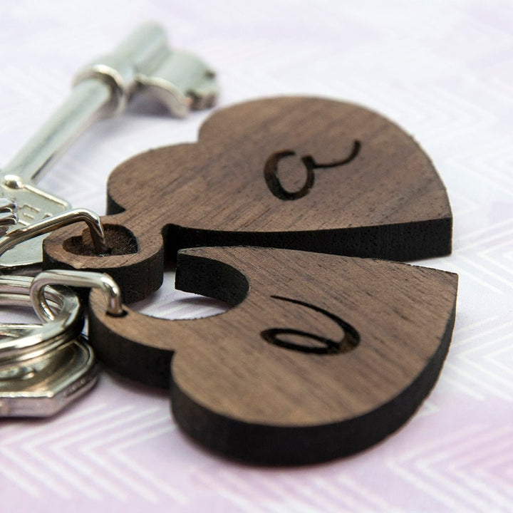 2 Heart Jigsaw Wooden Key Ring - Couple Initials