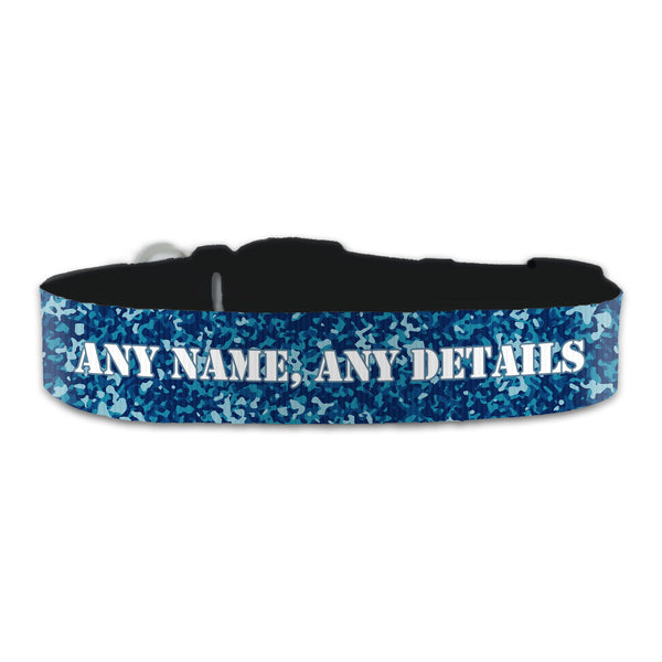 Personalised Large Dog Collar with Blue Camo Background, Personalise with Any Name or Details Image 1