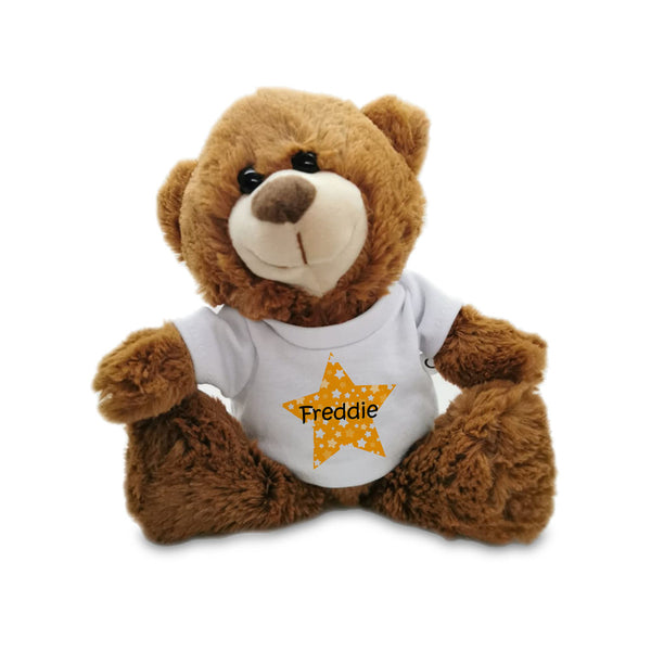Soft Dark Brown Teddy Bear Toy with T-shirt with Name in Star Design Image 1