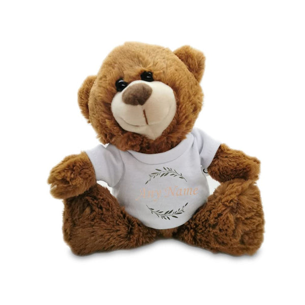 Soft Dark Brown Teddy Bear Toy with T-shirt with Name and Wreath Design Image 1