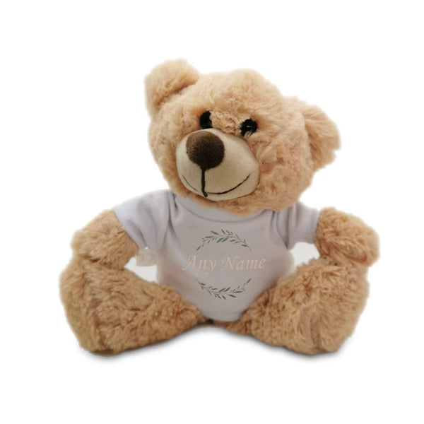 Soft Light Brown Teddy Bear Toy with T-shirt with Name and Wreath Design Image 1