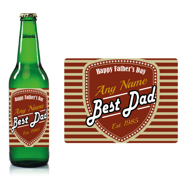 Personalised Fathers day beer bottle label Brick Red - Stripes and Shield Image 1