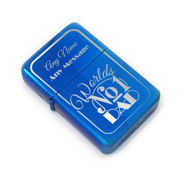 Personalised Engraved Blue Fathers Day Lighter with Worlds No1 Dad design Image 1