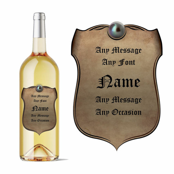 Personalised Parchment shield wine bottle label, Add any message. Image 1