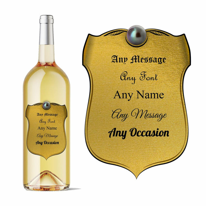 Personalised shield wine bottle label gold in colour, Add any message. Image 2