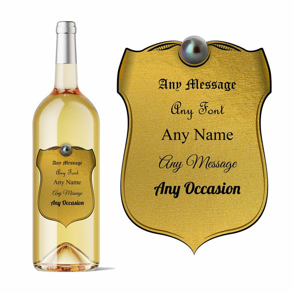 Personalised shield wine bottle label gold in colour, Add any message. Image 1
