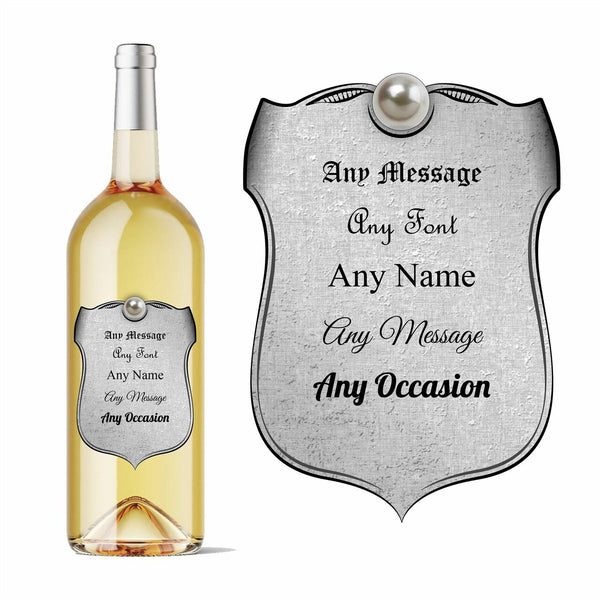 Personalised shield wine bottle label silver in colour, Add any message. Image 1