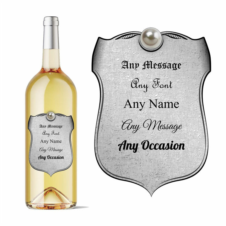 Personalised shield wine bottle label silver in colour, Add any message. Image 2