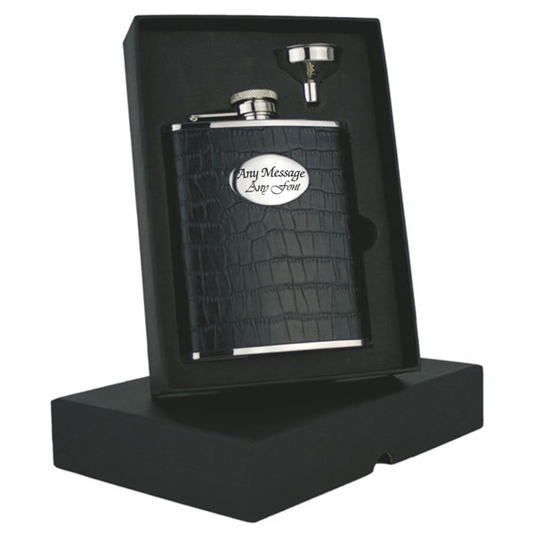Engraved 6oz Black Faux Crocodile Hip Flask with Funnel Image 1