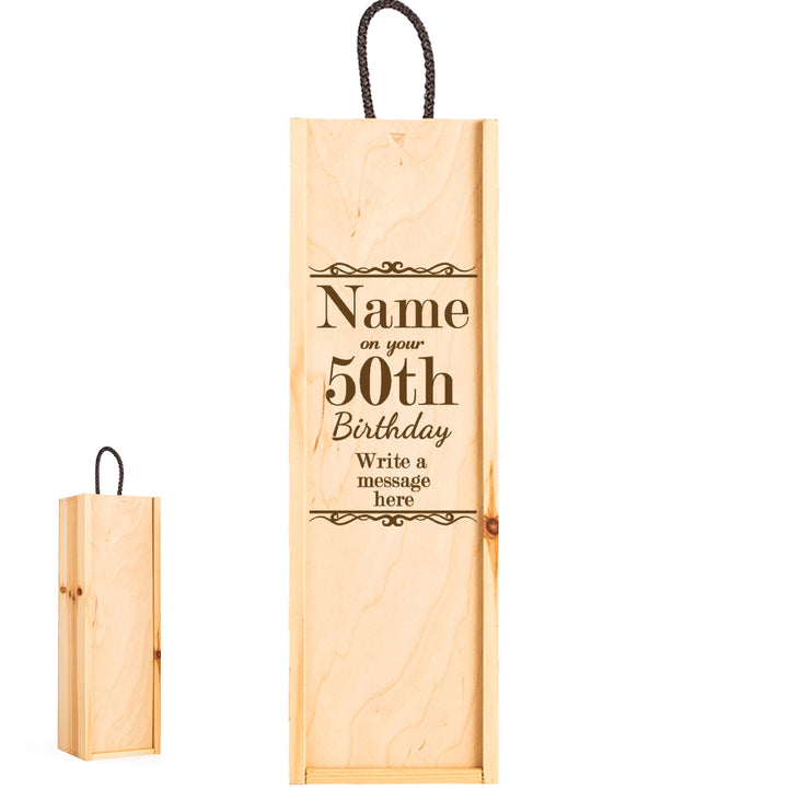 Personalised Engraved Wooden Wine Box with Birthday Design, to fit Standard Bottle of Wine or Champagne, Add Any Name, Age and Message Image 1