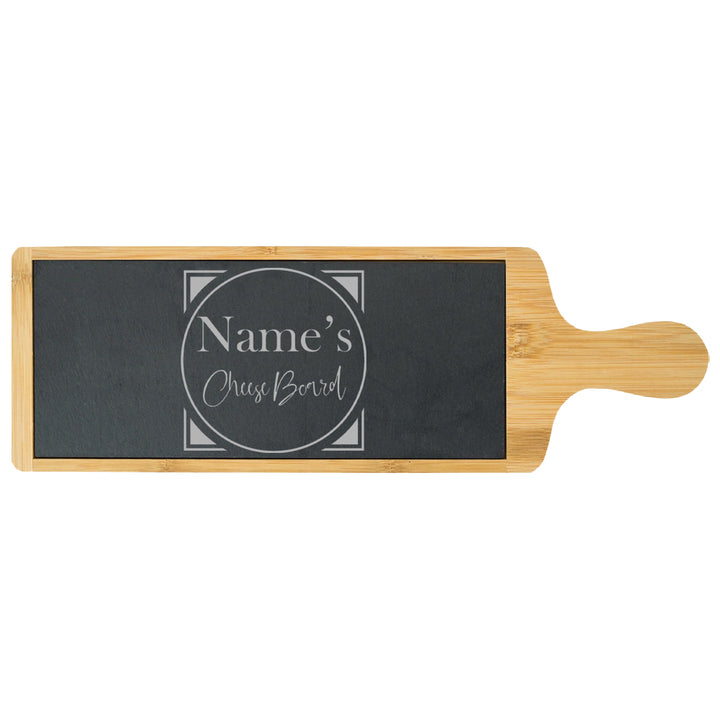 Engraved Bamboo and Slate Cheeseboard with Name's Cheeseboard with Circle Design Image 1