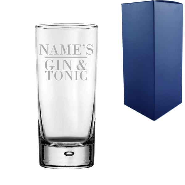 Personalised Engraved Novelty Bubble Hiball Tumbler, "Name's Gin and Tonic", Gift Boxed, The Perfect Gift for Gin Lovers for Birthdays, Christmas Image 1