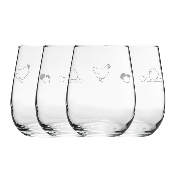 Engraved Chicken Pattern Set of 4 Gaia Stemless Wine 12oz Glasses Image 1