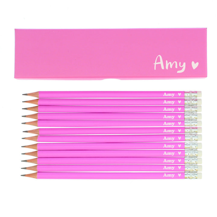 Personalised Heart Box and 12 Pink HB Pencils