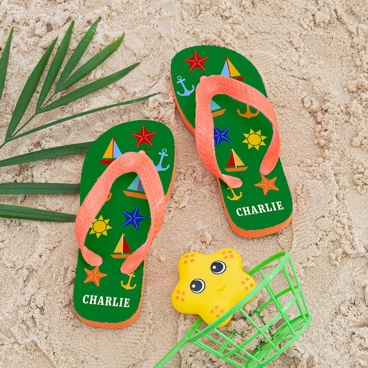 All The Fun At The Beach Child's Personalised Flip Flops In Green