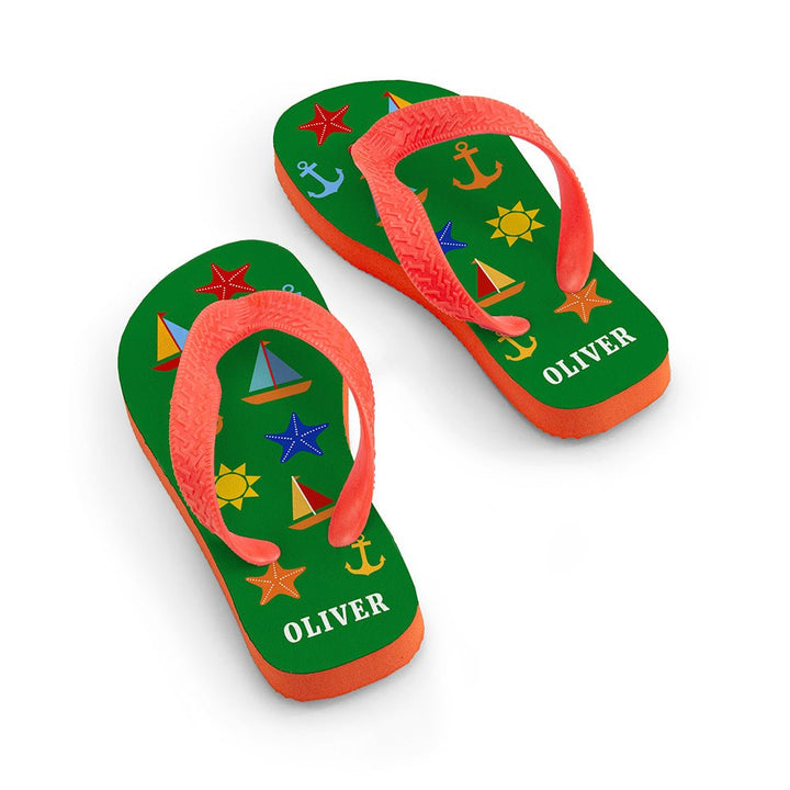All The Fun At The Beach Child's Personalised Flip Flops In Green