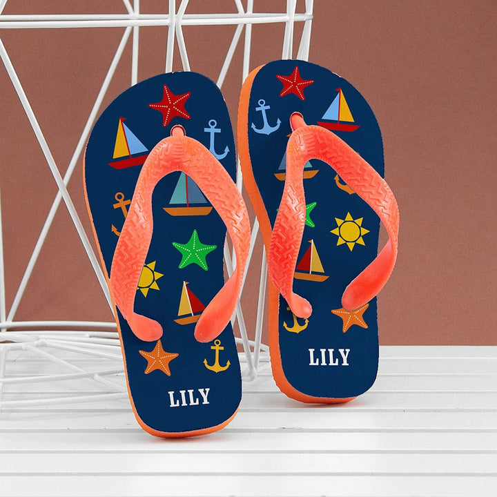 All The Fun At The Beach Child's Personalised Flip Flops In Navy