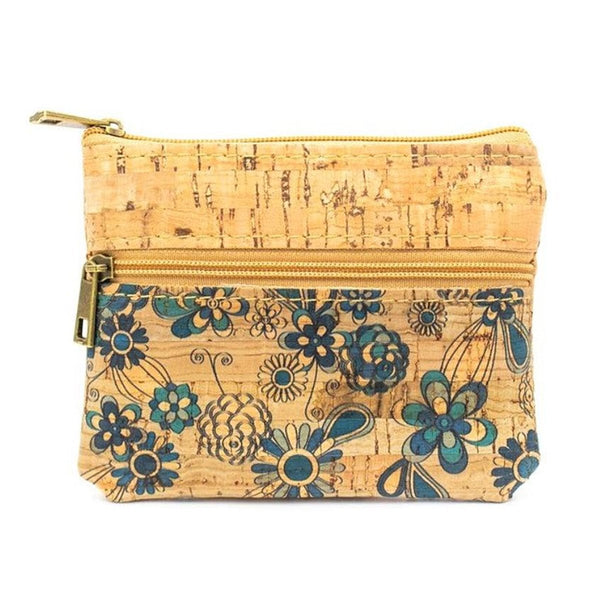 Blue Flower Design Cork Leather Wallet