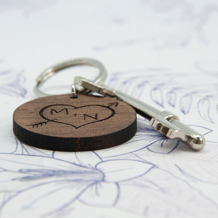Carved Tree Round Wooden Keyring with Initials