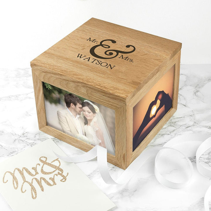 Classic Mr & Mrs Oak Photo Keepsake Box