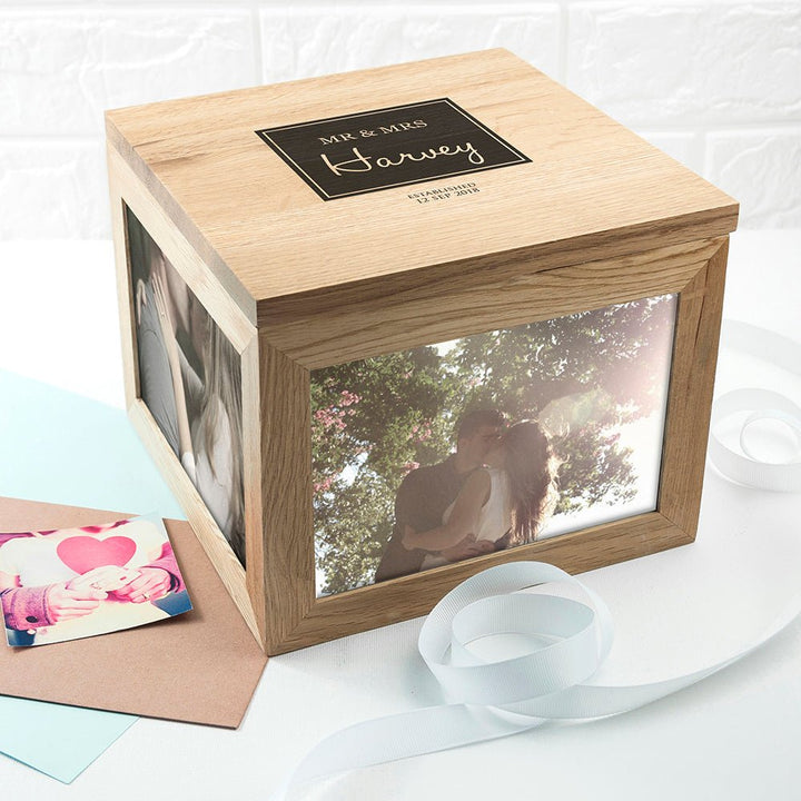 Contemporary Mr & Mrs Oak Photo Keepsake Box