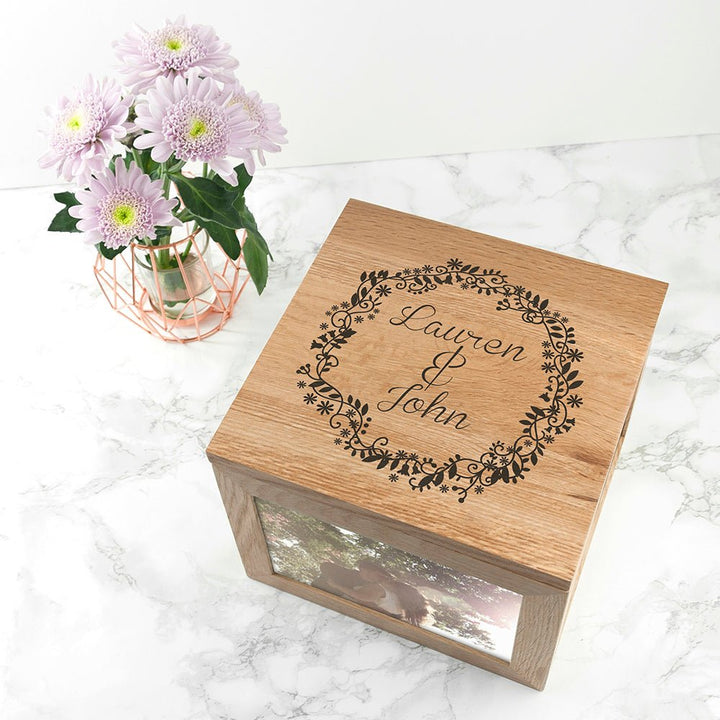 Couples' Oak Photo Keepsake Box with Floral Frame