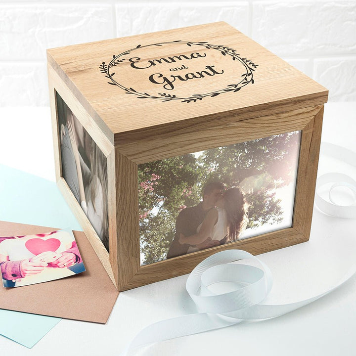 Couple's Oak Photo Keepsake Box With Wreath Design