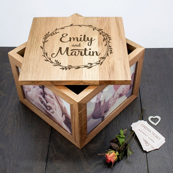 Couple's Oak Photo Keepsake Box With Wreath Design