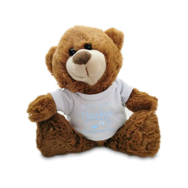 Dark Brown Teddy Bear Toy with T-shirt with Newborn Baby Design in Blue