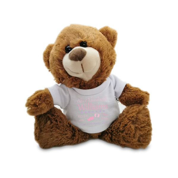 Dark Brown Teddy Bear Toy with T-shirt with Newborn Baby Design in Pink