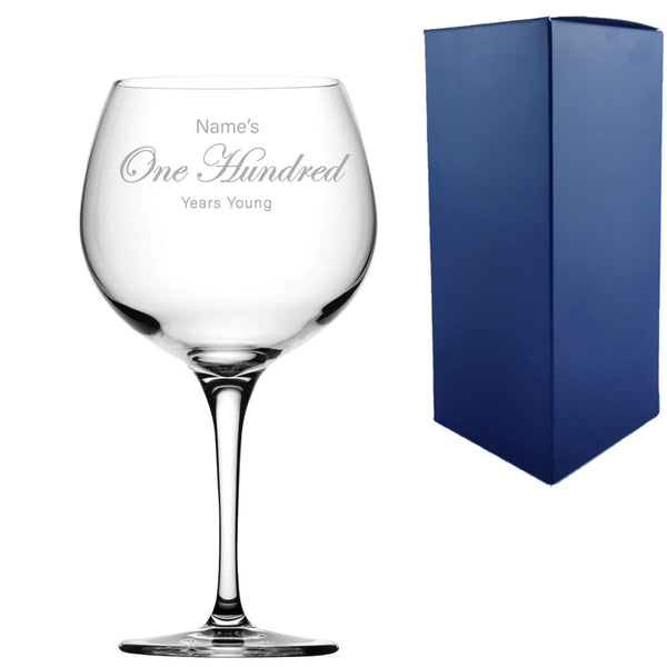 Engraved 100th Birthday Primeur Gin Glass Years Young Curly Font